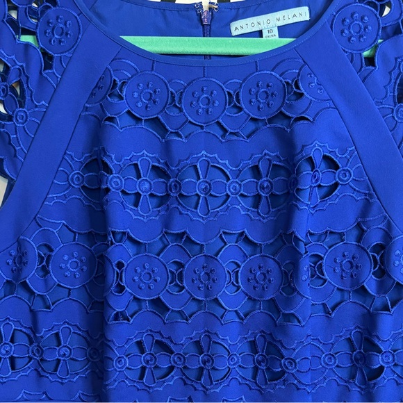 Antonio Melani Cobalt Blue Cocktail Dress w/ Laser Cutouts & Cap Sleeves – Sz 10 - Picture 4 of 14